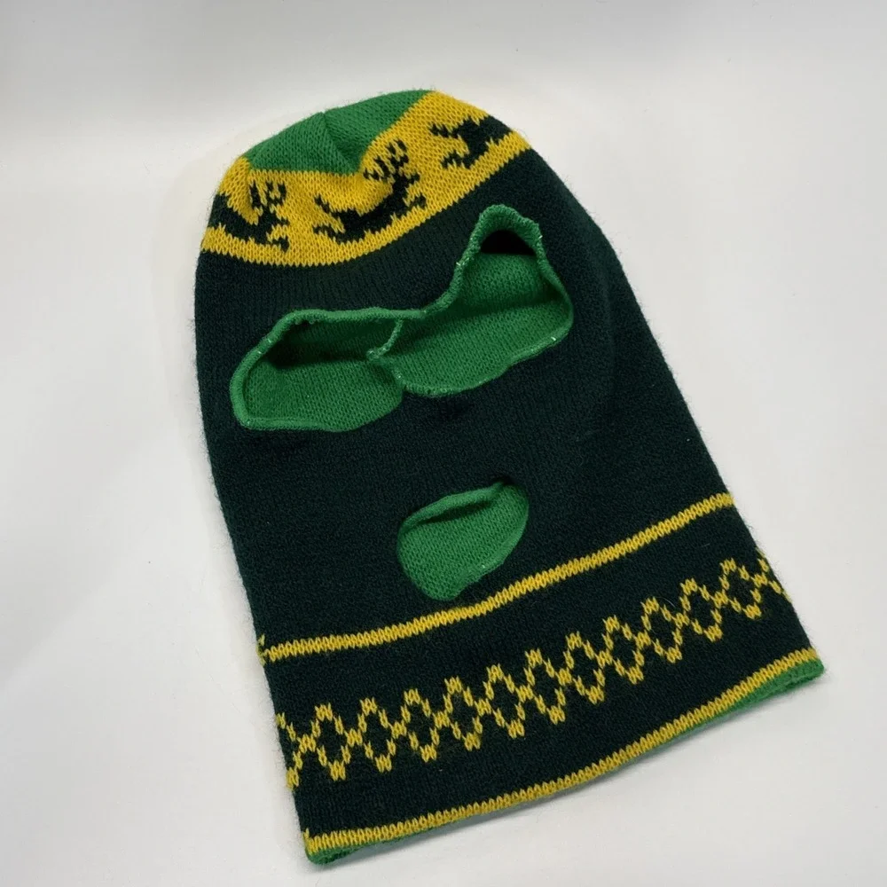 Vintage Face Mask Balaclava Green Patterned Knit Winter Hunting Deer Mask 3 Hole